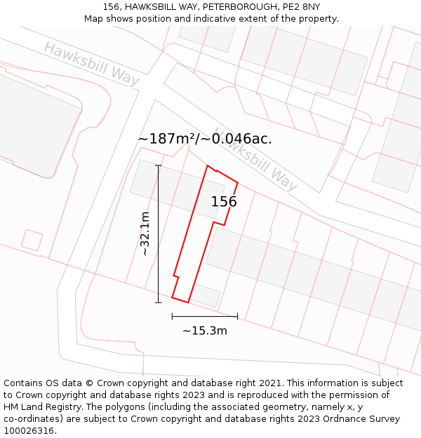 156, HAWKSBILL WAY, PETERBOROUGH, PE2 8NY: Plot and title map