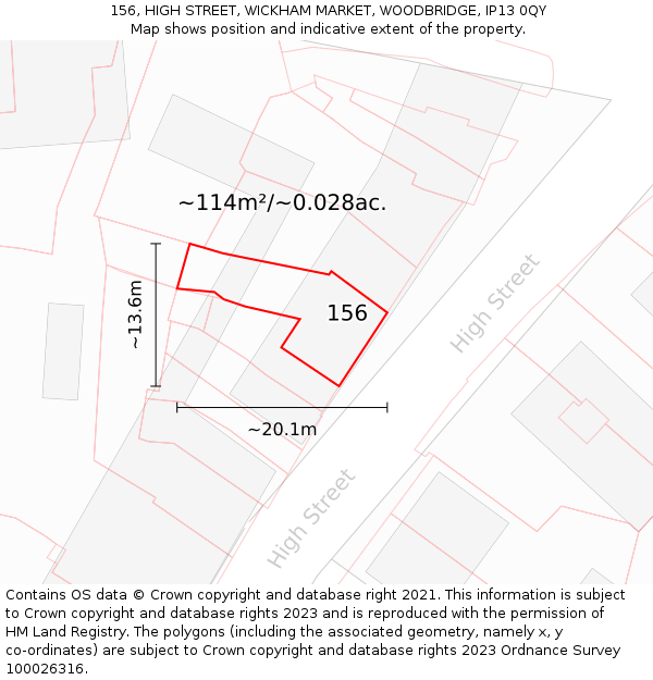 156, HIGH STREET, WICKHAM MARKET, WOODBRIDGE, IP13 0QY: Plot and title map