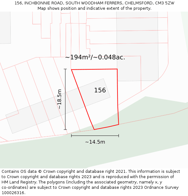 156, INCHBONNIE ROAD, SOUTH WOODHAM FERRERS, CHELMSFORD, CM3 5ZW: Plot and title map