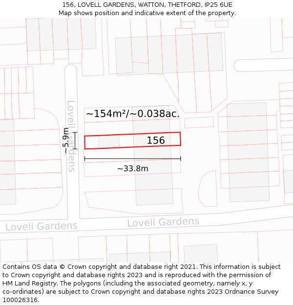 156, LOVELL GARDENS, WATTON, THETFORD, IP25 6UE: Plot and title map