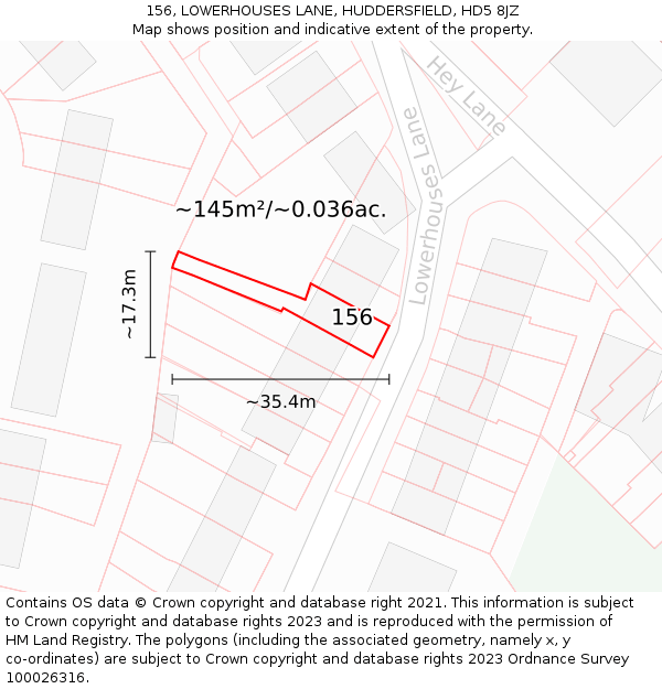 156, LOWERHOUSES LANE, HUDDERSFIELD, HD5 8JZ: Plot and title map