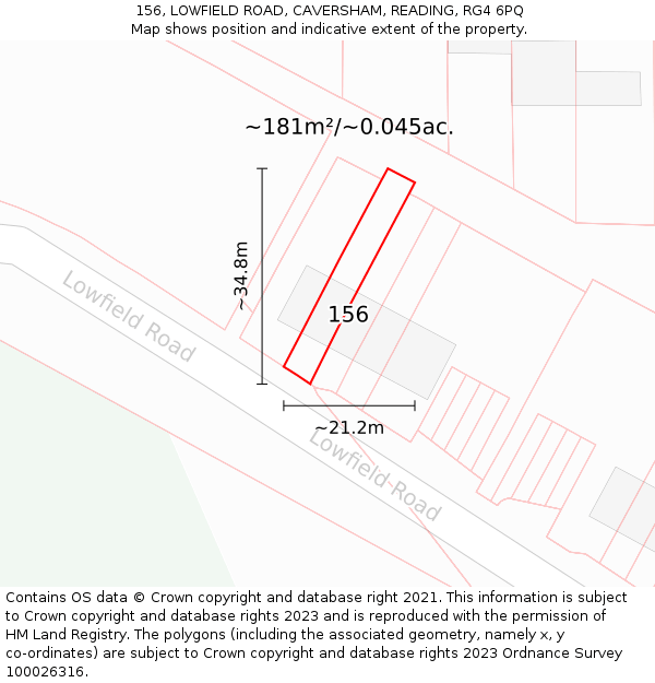 156, LOWFIELD ROAD, CAVERSHAM, READING, RG4 6PQ: Plot and title map