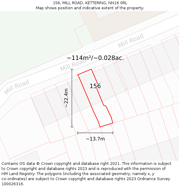 156, MILL ROAD, KETTERING, NN16 0RL: Plot and title map