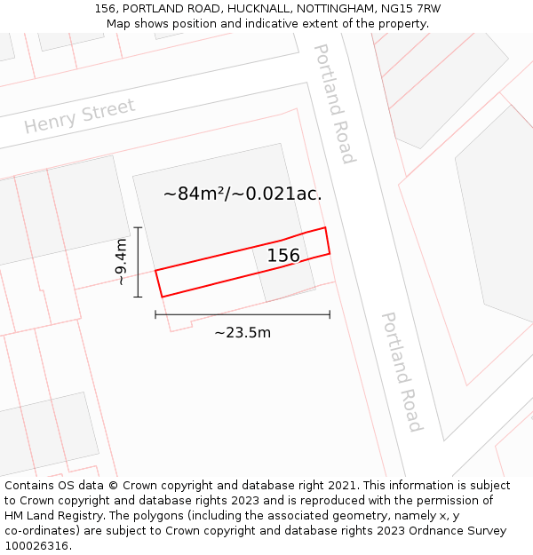 156, PORTLAND ROAD, HUCKNALL, NOTTINGHAM, NG15 7RW: Plot and title map