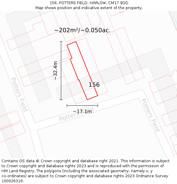 156, POTTERS FIELD, HARLOW, CM17 9DD: Plot and title map