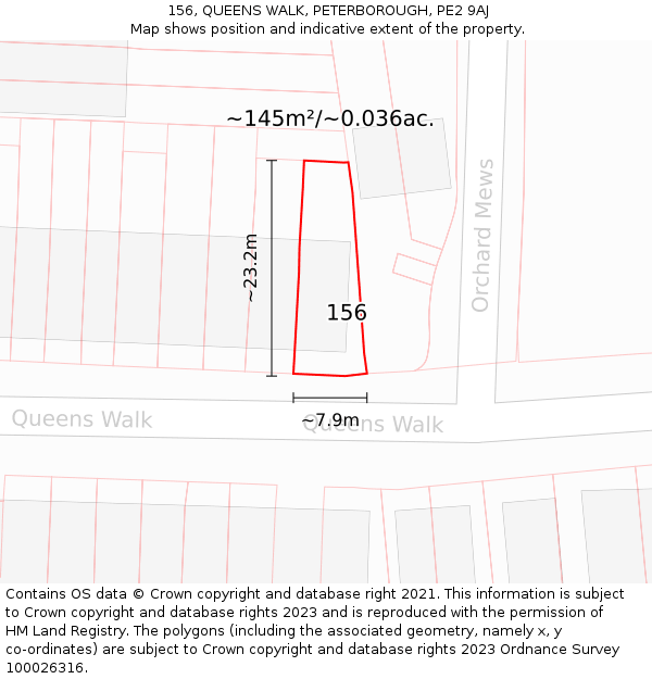 156, QUEENS WALK, PETERBOROUGH, PE2 9AJ: Plot and title map