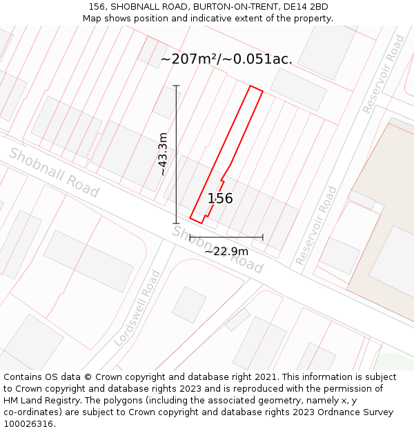 156, SHOBNALL ROAD, BURTON-ON-TRENT, DE14 2BD: Plot and title map