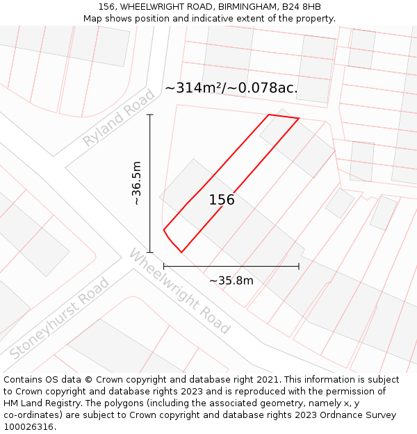 156, WHEELWRIGHT ROAD, BIRMINGHAM, B24 8HB: Plot and title map