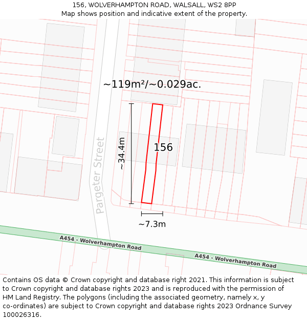 156, WOLVERHAMPTON ROAD, WALSALL, WS2 8PP: Plot and title map