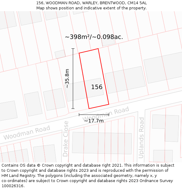 156, WOODMAN ROAD, WARLEY, BRENTWOOD, CM14 5AL: Plot and title map
