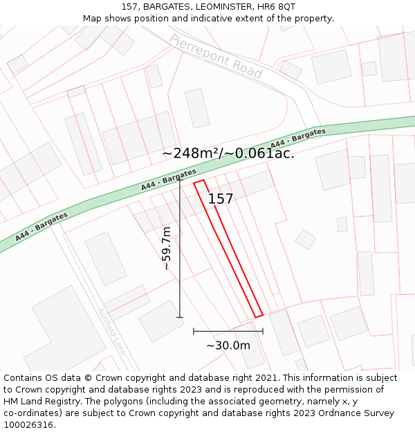 157, BARGATES, LEOMINSTER, HR6 8QT: Plot and title map