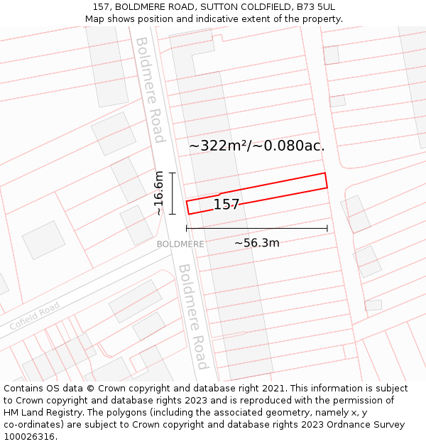 157, BOLDMERE ROAD, SUTTON COLDFIELD, B73 5UL: Plot and title map