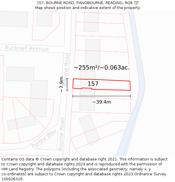 157, BOURNE ROAD, PANGBOURNE, READING, RG8 7JT: Plot and title map