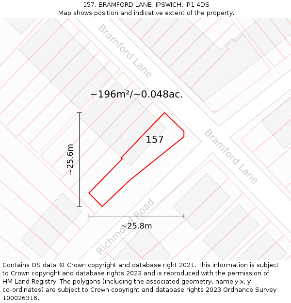 157, BRAMFORD LANE, IPSWICH, IP1 4DS: Plot and title map