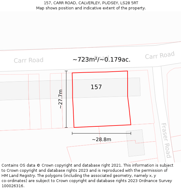 157, CARR ROAD, CALVERLEY, PUDSEY, LS28 5RT: Plot and title map