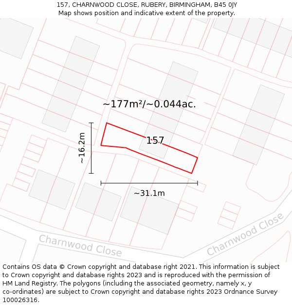 157, CHARNWOOD CLOSE, RUBERY, BIRMINGHAM, B45 0JY: Plot and title map