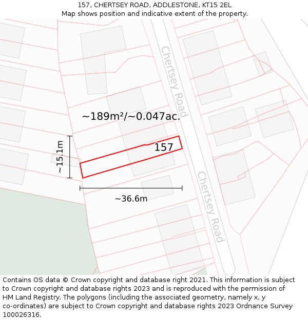 157, CHERTSEY ROAD, ADDLESTONE, KT15 2EL: Plot and title map