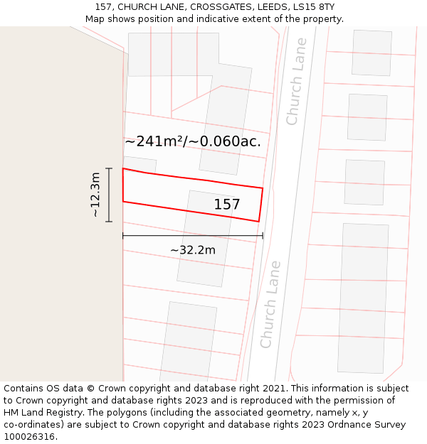 157, CHURCH LANE, CROSSGATES, LEEDS, LS15 8TY: Plot and title map
