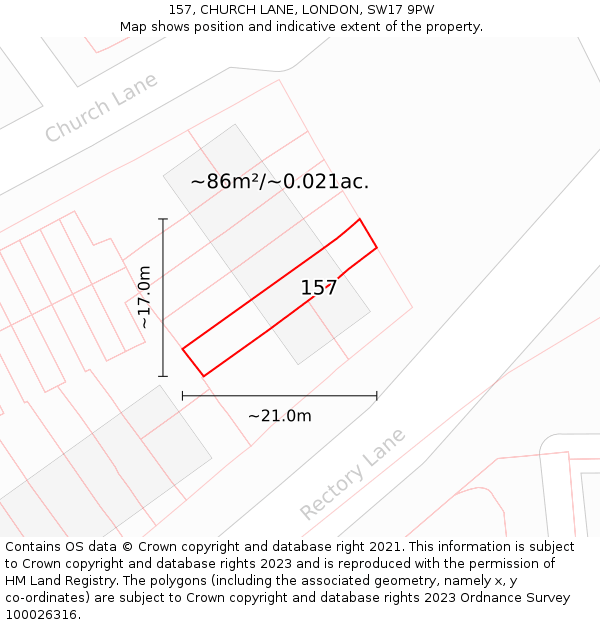 157, CHURCH LANE, LONDON, SW17 9PW: Plot and title map