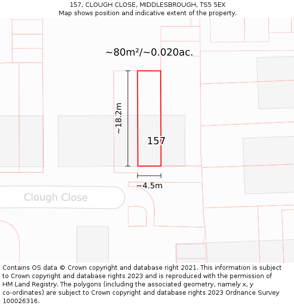 157, CLOUGH CLOSE, MIDDLESBROUGH, TS5 5EX: Plot and title map