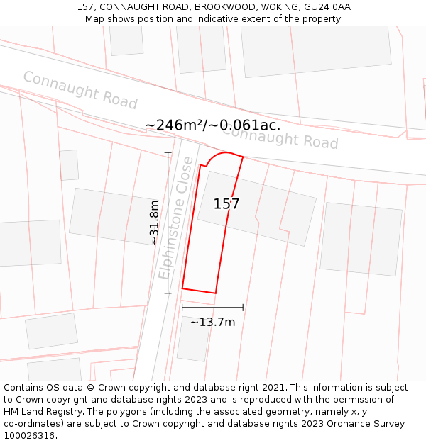 157, CONNAUGHT ROAD, BROOKWOOD, WOKING, GU24 0AA: Plot and title map