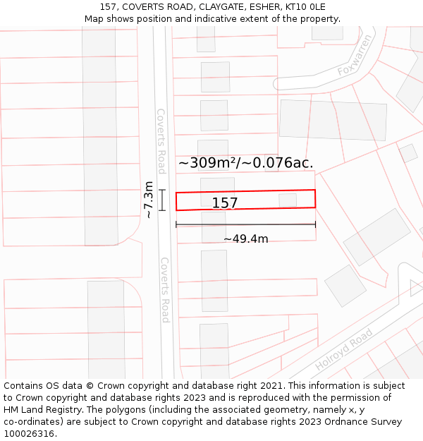 157, COVERTS ROAD, CLAYGATE, ESHER, KT10 0LE: Plot and title map