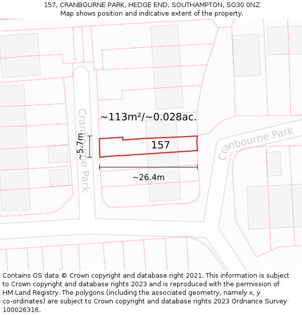 157, CRANBOURNE PARK, HEDGE END, SOUTHAMPTON, SO30 0NZ: Plot and title map