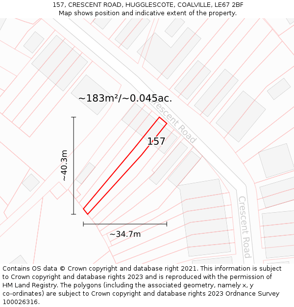 157, CRESCENT ROAD, HUGGLESCOTE, COALVILLE, LE67 2BF: Plot and title map