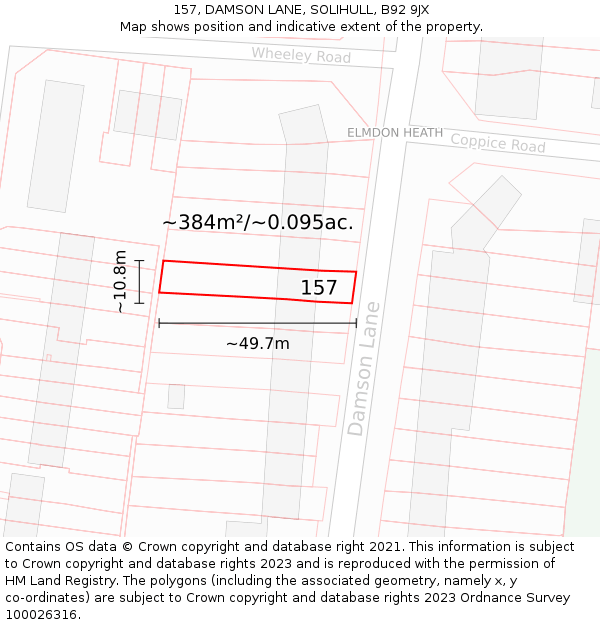 157, DAMSON LANE, SOLIHULL, B92 9JX: Plot and title map