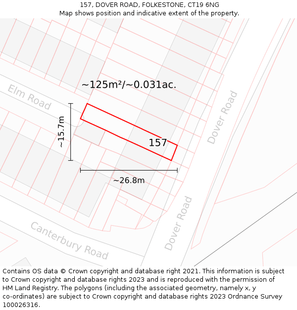 157, DOVER ROAD, FOLKESTONE, CT19 6NG: Plot and title map