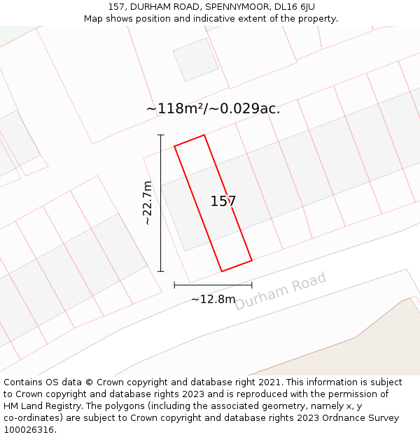 157, DURHAM ROAD, SPENNYMOOR, DL16 6JU: Plot and title map
