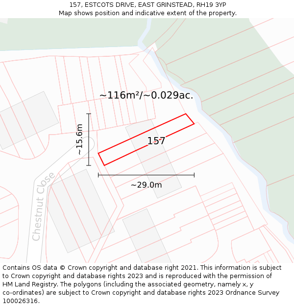157, ESTCOTS DRIVE, EAST GRINSTEAD, RH19 3YP: Plot and title map