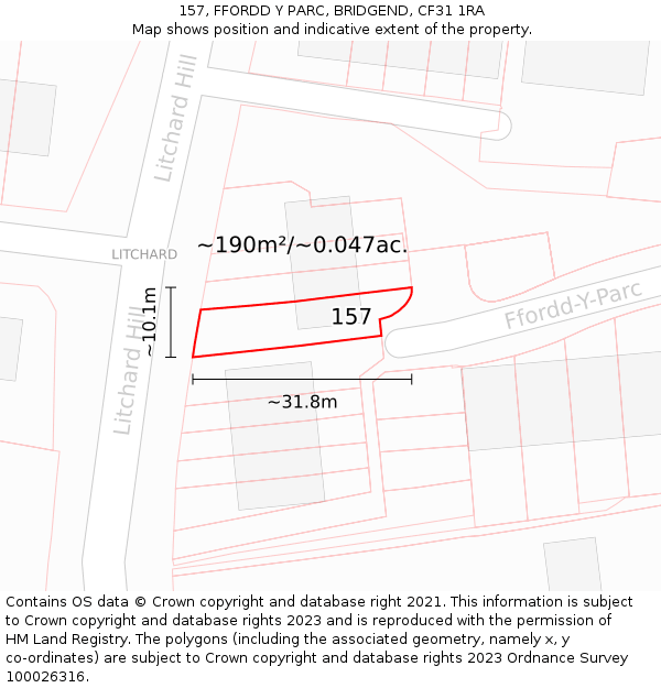 157, FFORDD Y PARC, BRIDGEND, CF31 1RA: Plot and title map