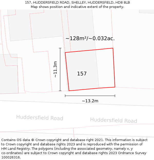 157, HUDDERSFIELD ROAD, SHELLEY, HUDDERSFIELD, HD8 8LB: Plot and title map