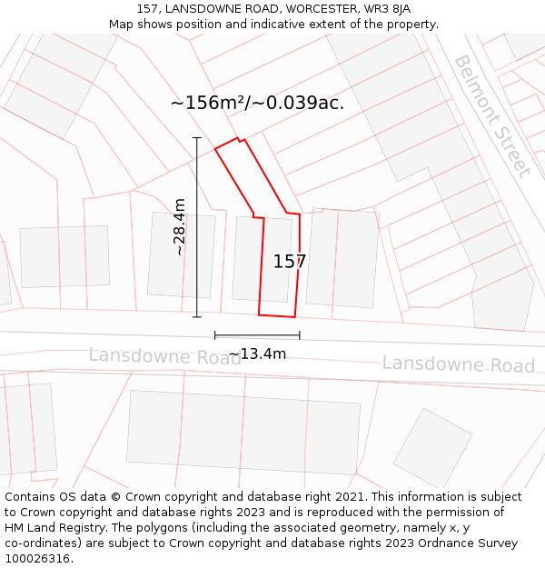 157, LANSDOWNE ROAD, WORCESTER, WR3 8JA: Plot and title map