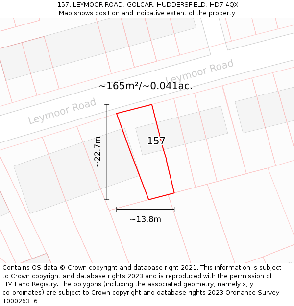 157, LEYMOOR ROAD, GOLCAR, HUDDERSFIELD, HD7 4QX: Plot and title map