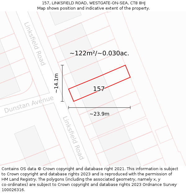 157, LINKSFIELD ROAD, WESTGATE-ON-SEA, CT8 8HJ: Plot and title map