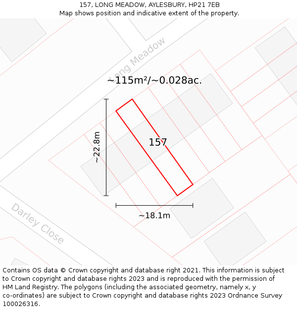 157, LONG MEADOW, AYLESBURY, HP21 7EB: Plot and title map