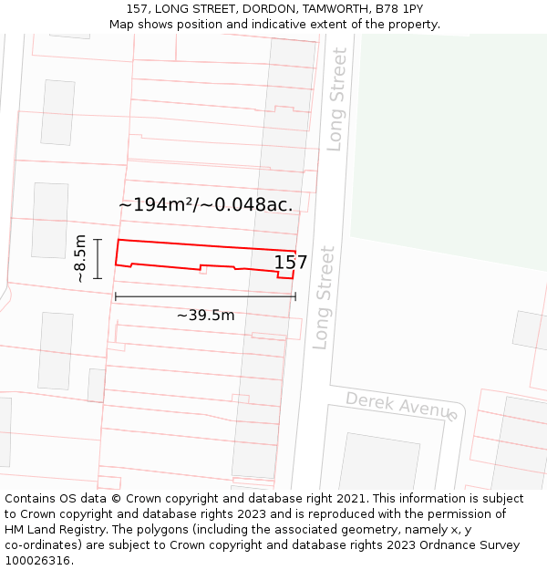 157, LONG STREET, DORDON, TAMWORTH, B78 1PY: Plot and title map