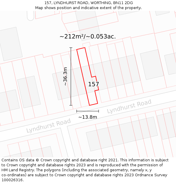 157, LYNDHURST ROAD, WORTHING, BN11 2DG: Plot and title map