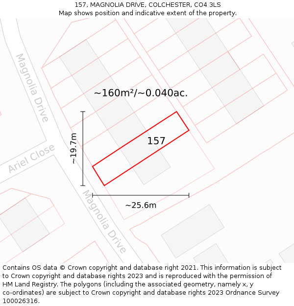 157, MAGNOLIA DRIVE, COLCHESTER, CO4 3LS: Plot and title map