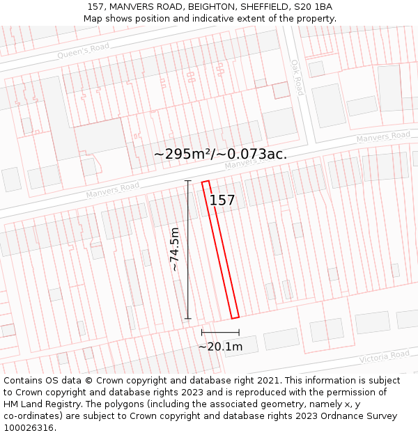 157, MANVERS ROAD, BEIGHTON, SHEFFIELD, S20 1BA: Plot and title map