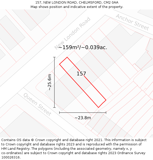 157, NEW LONDON ROAD, CHELMSFORD, CM2 0AA: Plot and title map