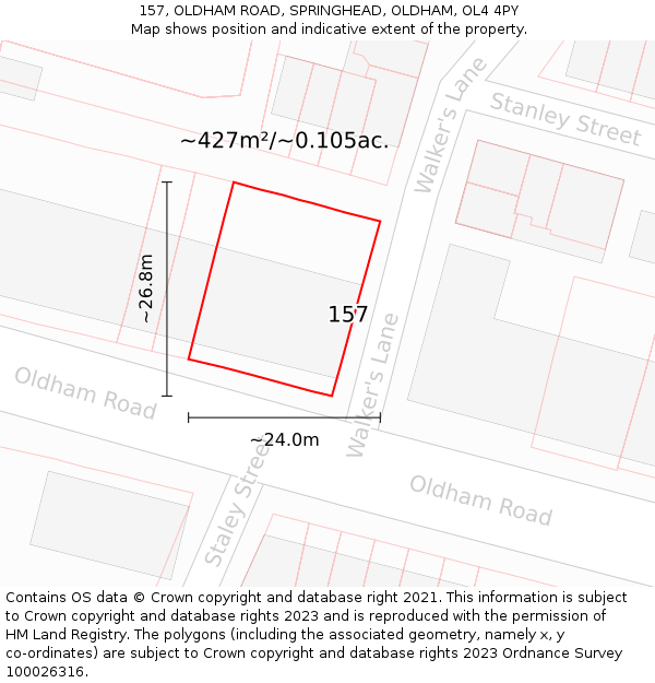 157, OLDHAM ROAD, SPRINGHEAD, OLDHAM, OL4 4PY: Plot and title map
