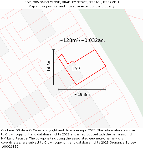 157, ORMONDS CLOSE, BRADLEY STOKE, BRISTOL, BS32 0DU: Plot and title map