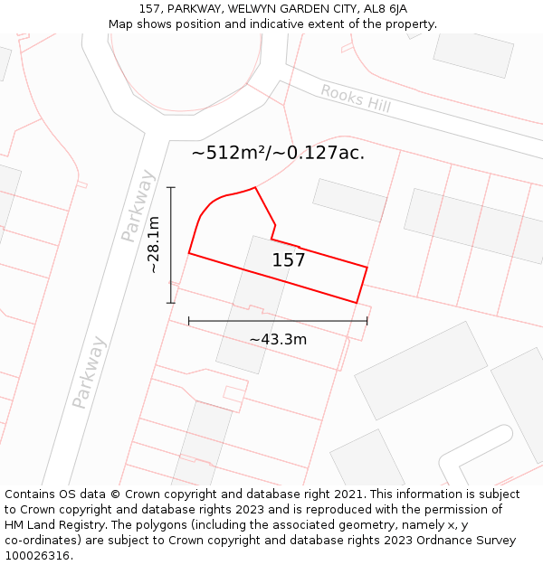 157, PARKWAY, WELWYN GARDEN CITY, AL8 6JA: Plot and title map