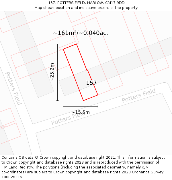 157, POTTERS FIELD, HARLOW, CM17 9DD: Plot and title map