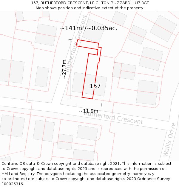 157, RUTHERFORD CRESCENT, LEIGHTON BUZZARD, LU7 3GE: Plot and title map