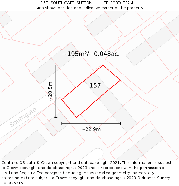 157, SOUTHGATE, SUTTON HILL, TELFORD, TF7 4HH: Plot and title map