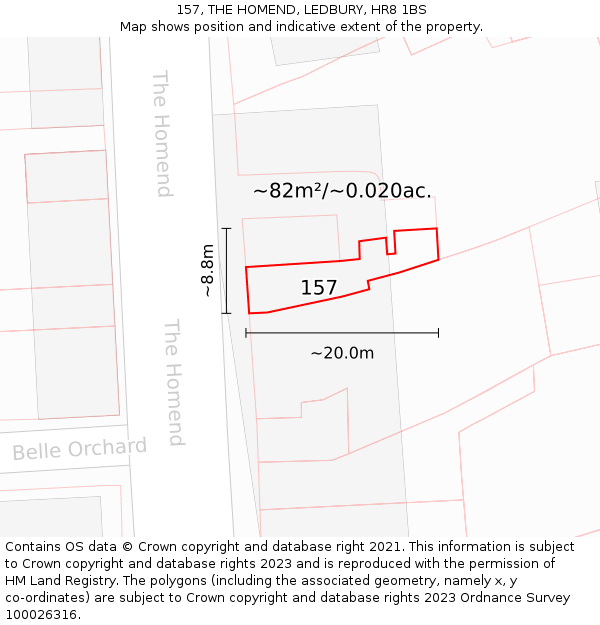 157, THE HOMEND, LEDBURY, HR8 1BS: Plot and title map